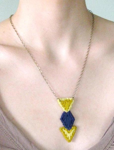 Triangle Geometric Cross stitch Necklace - Gold Yellow and Navy Blue  Wool Yarn