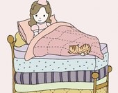 Princess Art Print, Princess Art, Princess and the Pea Fairy Tale Art, Little Princess Pea Brunette, 5x7 Giclee Children's Art Print
