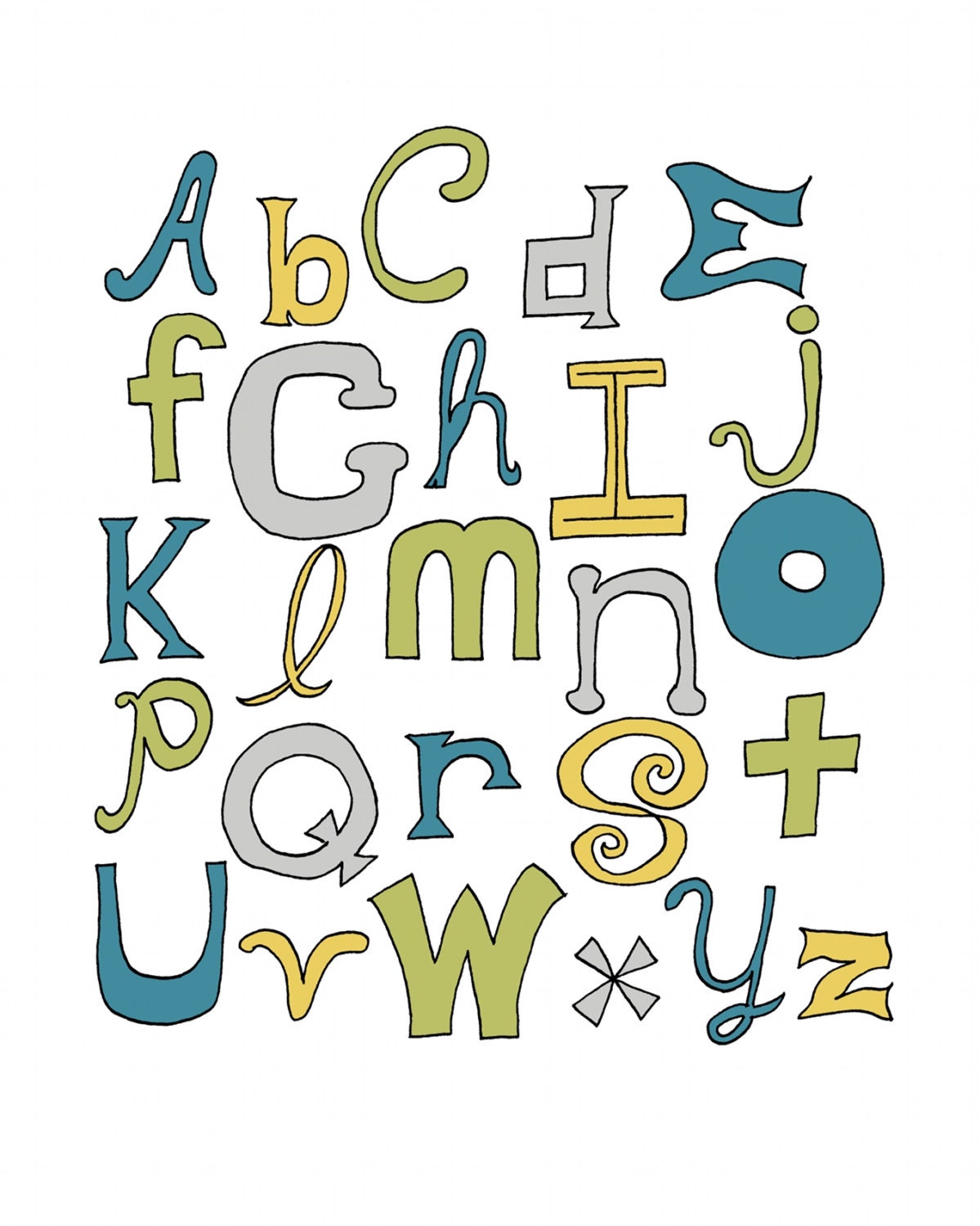 Alphabet Art Print ABC Kids Nursery Wall Decor, Custom Colors, 8x10, Children's Art Print