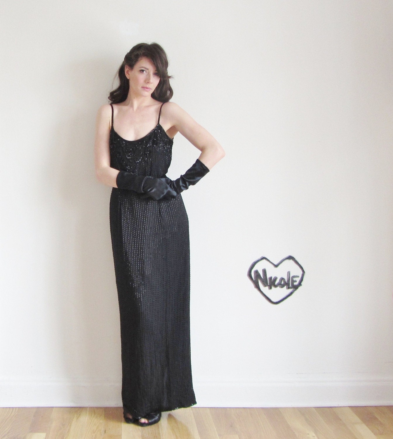 sheer illusion back gown . black sequin beaded dress .medium.large .sale