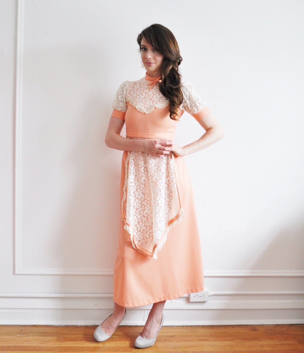 peaches and cream lace dress. boho apron frock .extra small xs .sale