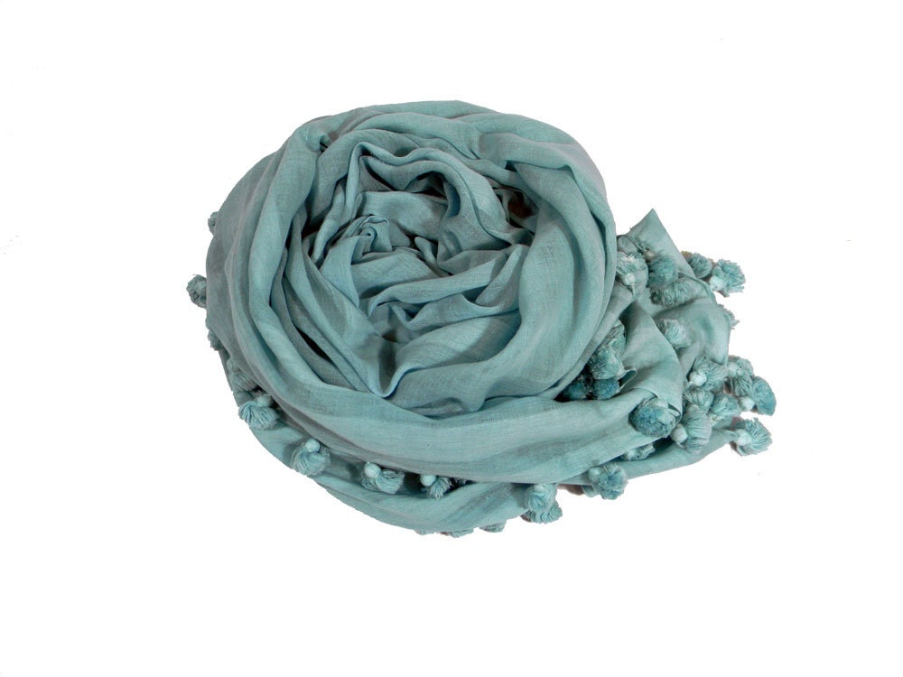 PomPom Tassel Scarf - Handdyed Cotton - Sky Blue