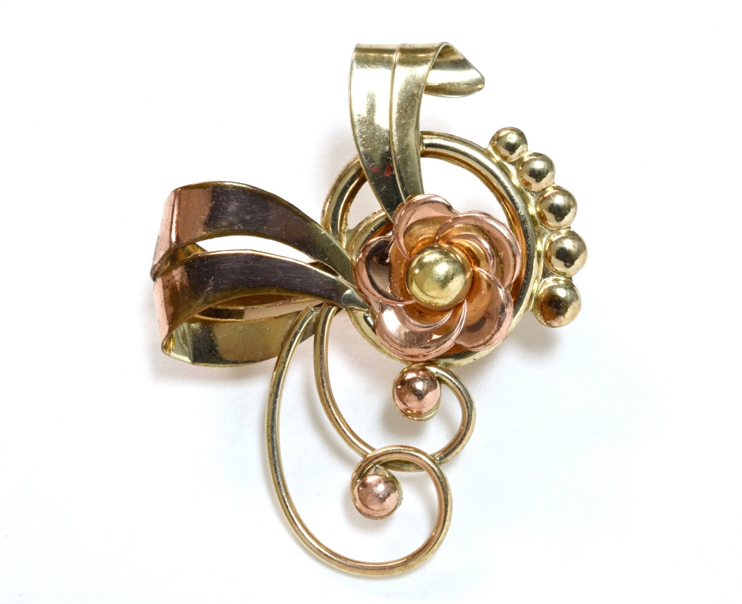 40s Harry Iskin 12K Yellow & Rose Gold Fill Floral Retro Brooch/ Watch Pin