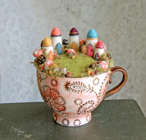 Fairy Garden and Houses, Waldorf Fairy Village in a Cup, Needle Felted