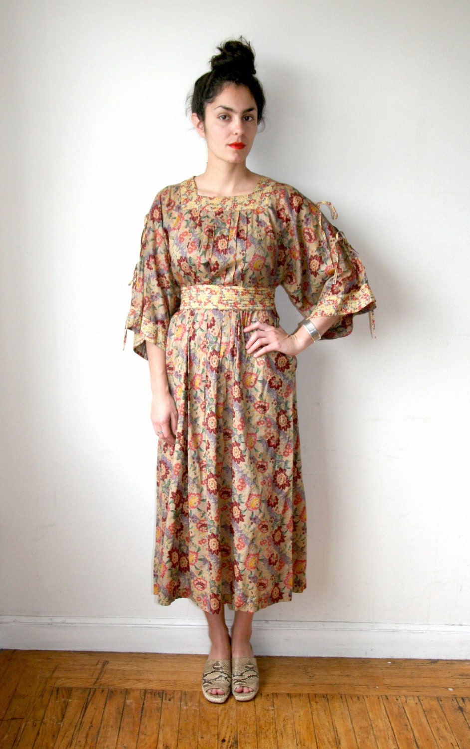 70s Floral Boho Hippie Maxi Dress with Belt Sz M