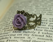 Antique Gold Filigree Ring with Purple Resin Rose - Adjustable, OSFM