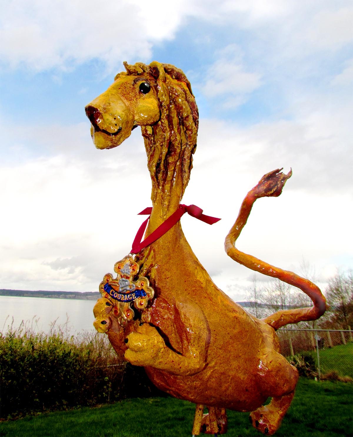 Cowardly Lion Oz Flamingo Garden Art handmade recycled yard art, lawn sculpture, up-cycled plastic flamingo