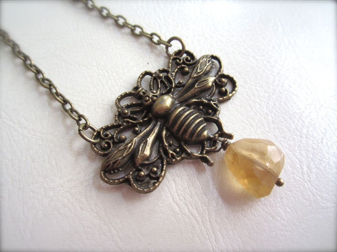 Dreamy Bee Necklace - Antique Brass Metal Charm with Faceted Citrine Drop - Summertime Honey Bee
