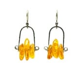 Sterling Silver Amber Earrings, Baltic Amber Jewelry, Metalwork Earrings, Handmade Jewelry, Hammered Sterling Silver, Yellow Gemstone