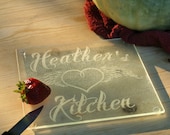 Small Glass Cutting Board, Etched with names, logos, or designs. 8 x 8 " Hostess Gift, Mother of the Bride Gift, Gift for mom