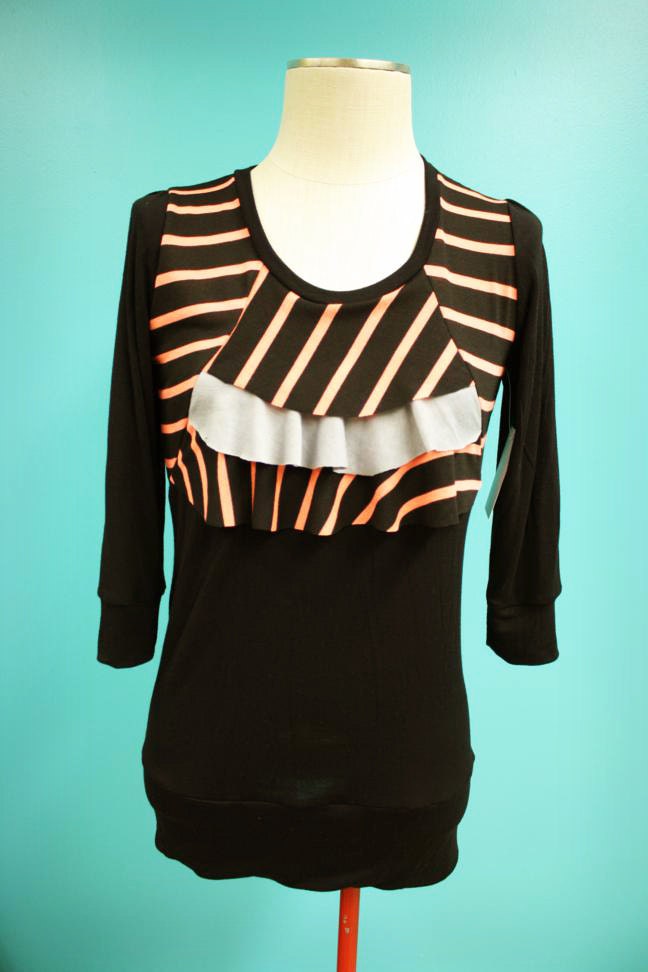Black Orange Gray Ruffle Striped Shirt - Size Small
