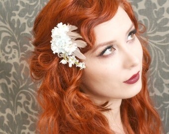 bridal hair clip, pastel flower and feather clip, wedding hair accessory - sophia