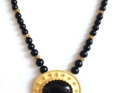 SALE...Striking LUCKY Byzantine Style Gold and Onyx Pendant/Necklace