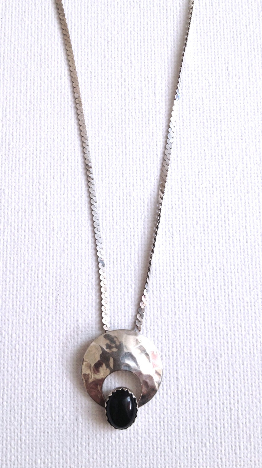 SALE...Striking Native American Black Onyx Crescent Sterling Silver Necklace 925