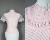 Vintage Sheer Blouse Pink Rockabilly Pin Up Shirt with Pleats and Pearl Embellishments 50s 60s Short Sleeve Medium Large