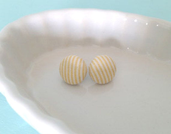 fabric covered button earrings in yellow and white stripe
