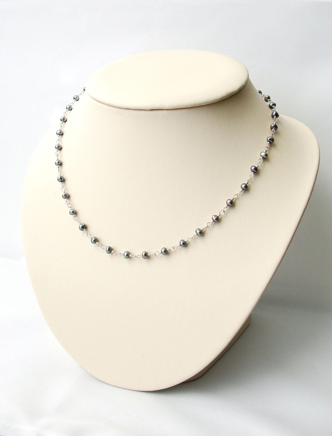 Delicate Peacock Pearl Necklace in Sterling Silver, Blue Pearls, Handcrafted Jewelry