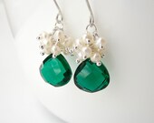 Emerald Green and Pearl Earrings in Sterling Silver, Cluster, Drop, Quartz Jewelry, St Patricks Day