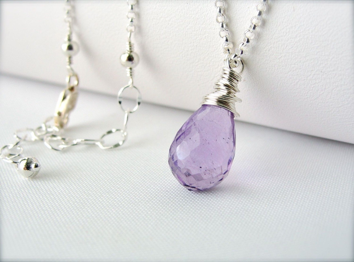 Amethyst Solitaire Necklace in Sterling Silver, Wire Wrapped Briolette, February Birthstone Jewelry, 16 18 Inch