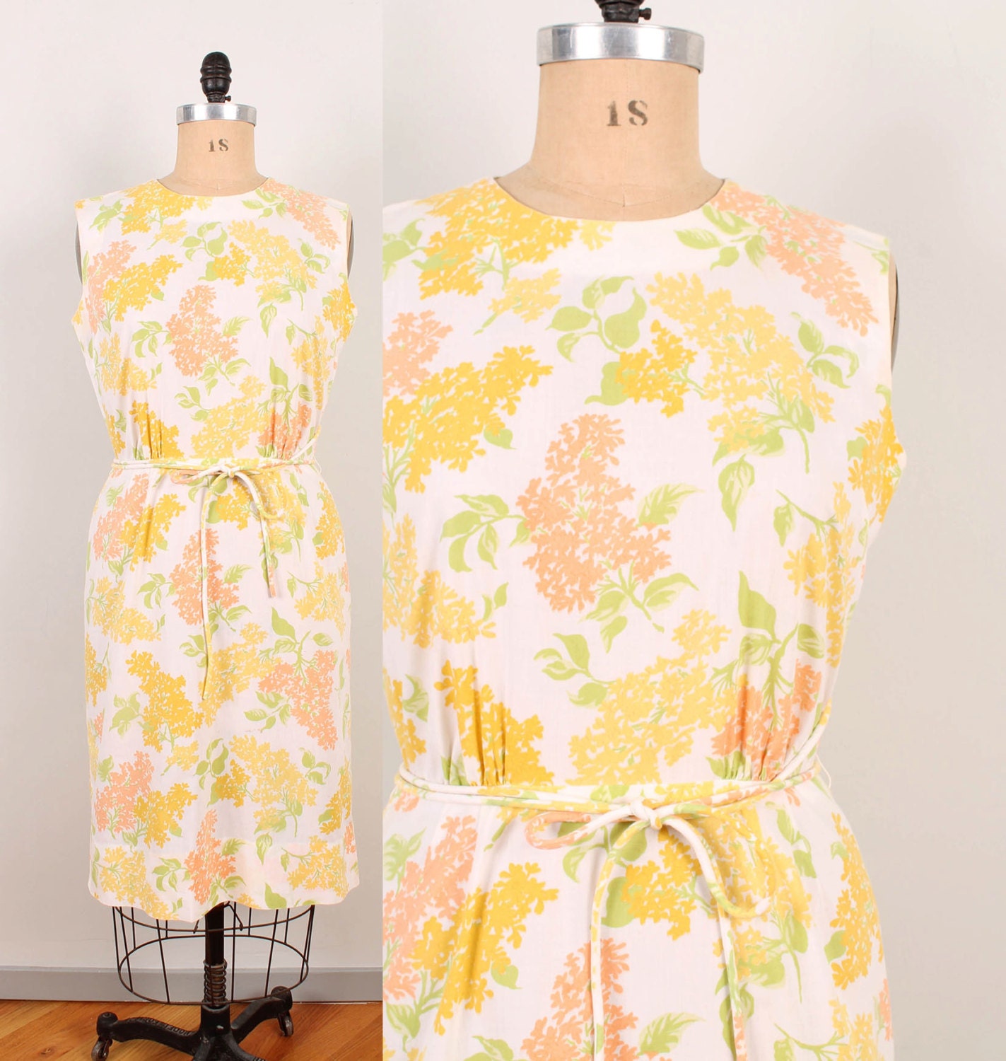 1960s Floral Sheath Dress - Womens L / XL - Sleeveless Shift Dress 60s Flowers Print White Coral Yellow Green Lightweight Summer Day Dress