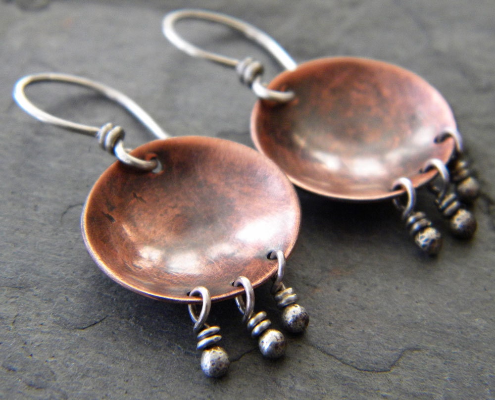 Copper Sterling Silver Earrings Concave Disk Torched Balled Beads Rustic Artisan Jewelry