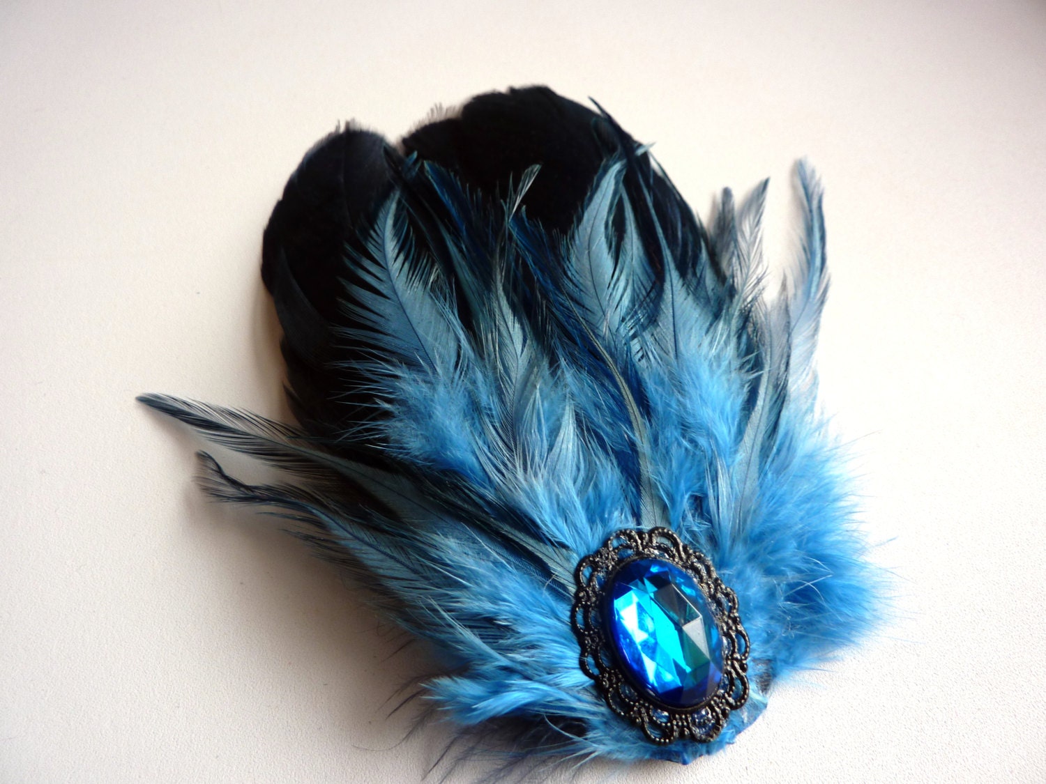 Something Blue Bridal Feather Hair Clip Facsinator Glass Vintage Jewel by Joolienn on etsy