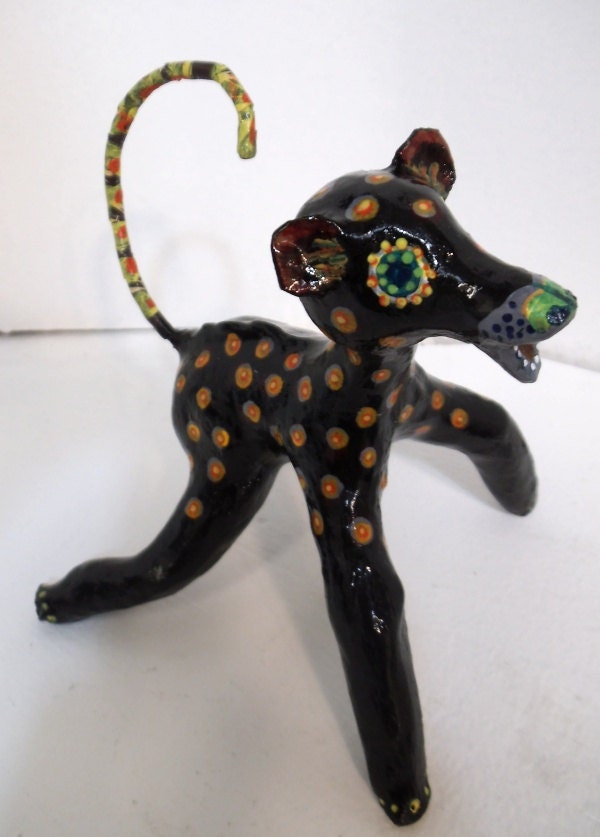 Paper Mache Surreal Fantasy sculpture - monkey dog ish with orange red and yellow dots day of the dead style