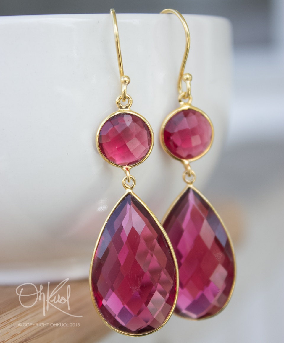 Gold Red Ruby Quartz Earrings - Gemstone Earrings - July Birthstone, Red Carpet Glamour