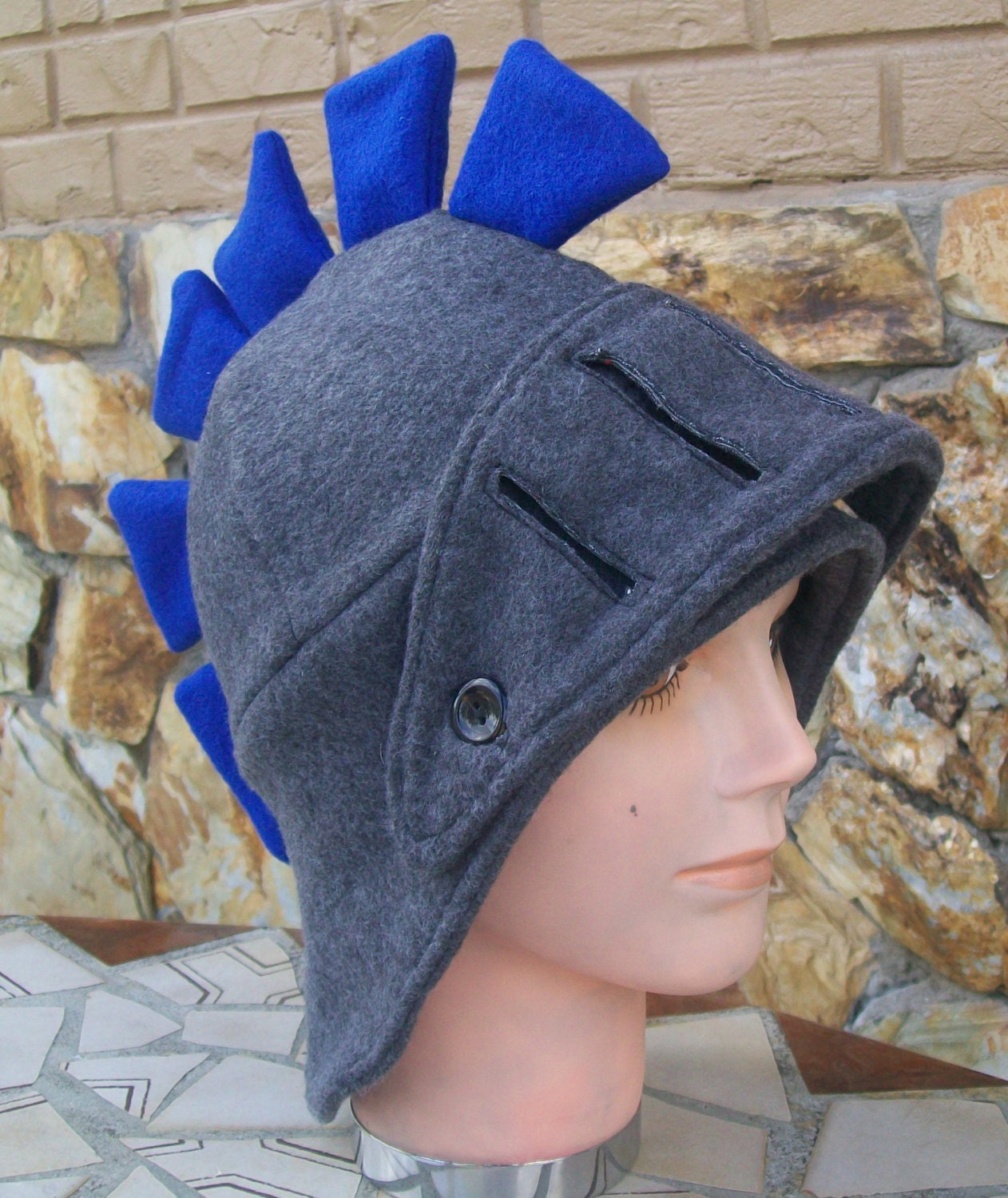 Warm fleece Hat looks like Roman Warrior helmet blue plumes