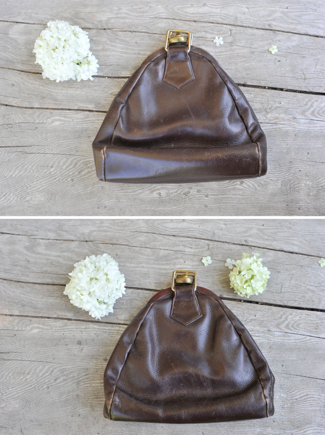 Art Deco Vintage Brown Leather Brass Clasp Handbag Purse / Jacqueline Mode Bag / David Stair
