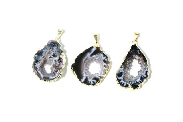 Medium Round Geodes - THREE Black Agate Gemstone Pendants - Long Drop - Geode Slice Necklace - Druzy Crystal Gold Pendant - G0014