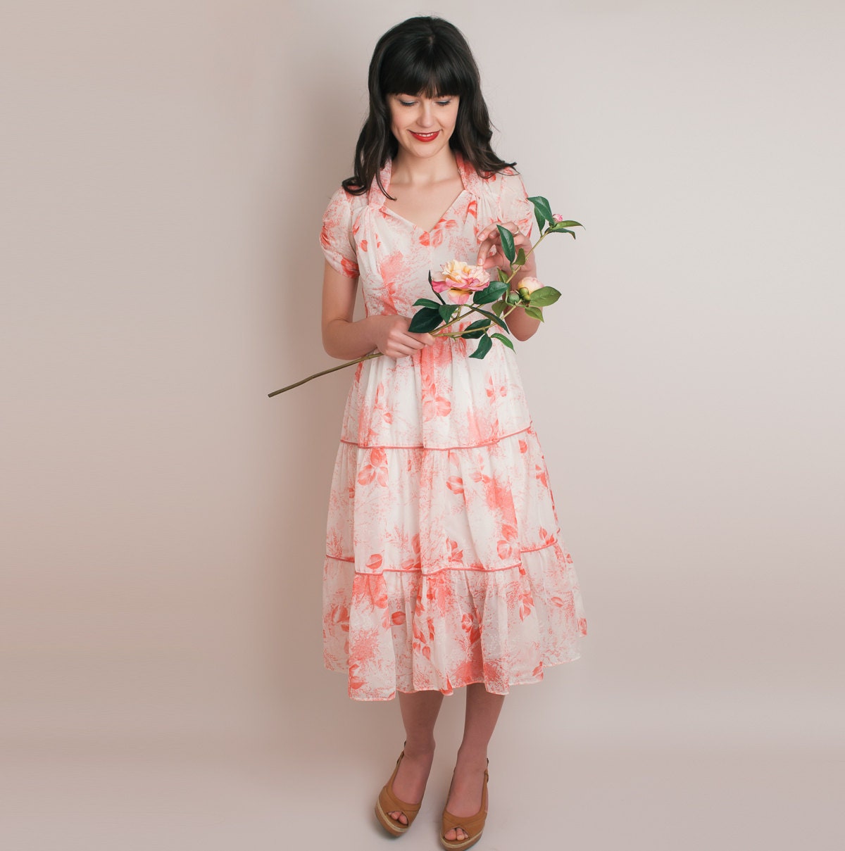 1940s Sheer Dress - Vintage 40s Dress - Pink and White Floral Dress - S / M