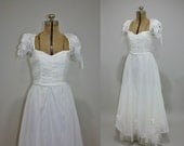 Weekend Sale - vintage 70s 80s wedding dress - Chiffon Sweetheart ruched gathered peasant gown maxi dress