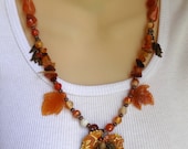 Carnelian and Orange Agate Necklace Antique Copper Leaves Orange Necklace Genuine Gemstone Statement Necklace Carved Leaf and Rose Necklace