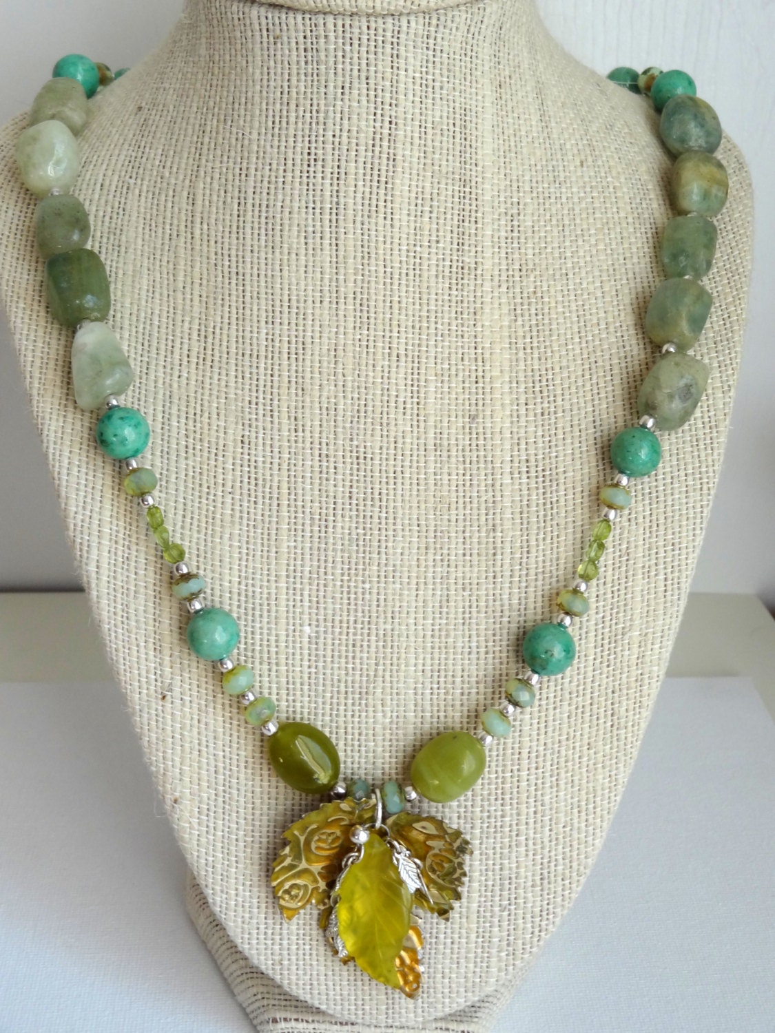 Green abd Silver Brass Leaves Necklace Genuine Gemstone Hand Painted Leaf  Wearable Art Green Fossil Beads .999 Pure Silver Plated