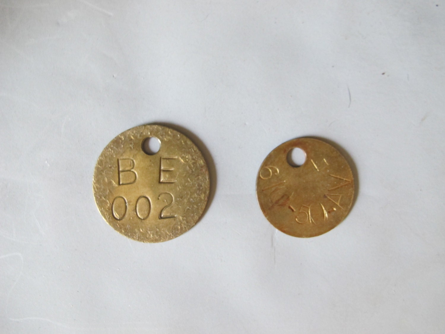Vintage 2 Brass Tags with Numbers and Letters, Key Chain Tag Fob, Found Object, Primitive Salvaged Industrial Altered Art Steampunk Jewelry
