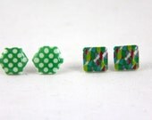 Green Polka Dot & Leaf Pattern- Post Earrings - Hypoallergenic Surgical Steel