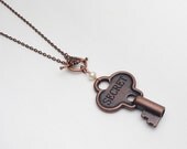 Antiqued copper secret skeleton key charm necklace genuine white pearl keepsake neo victorian pendant by Steampunk Nation R1018