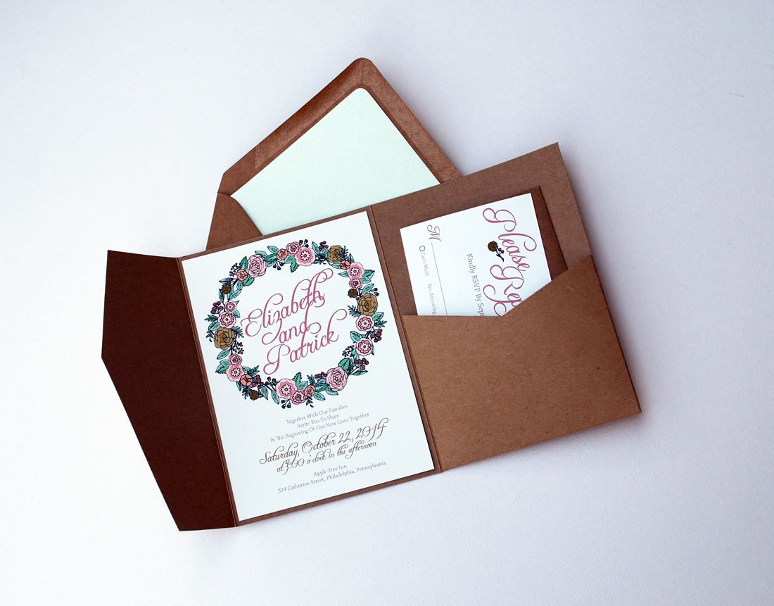 The Rosie Collection - Pocket Fold Wedding Invitations with Floral Wreath Set in Pink, Gold, Mint and Peach - Purchase for a Sample