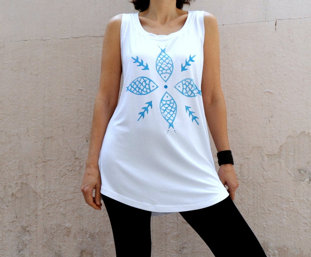 Blue Fish Design-  Women Tank Top, Hipster Tunic Dress, Sleeveless Women Summer Top, Originally  Hand Printed