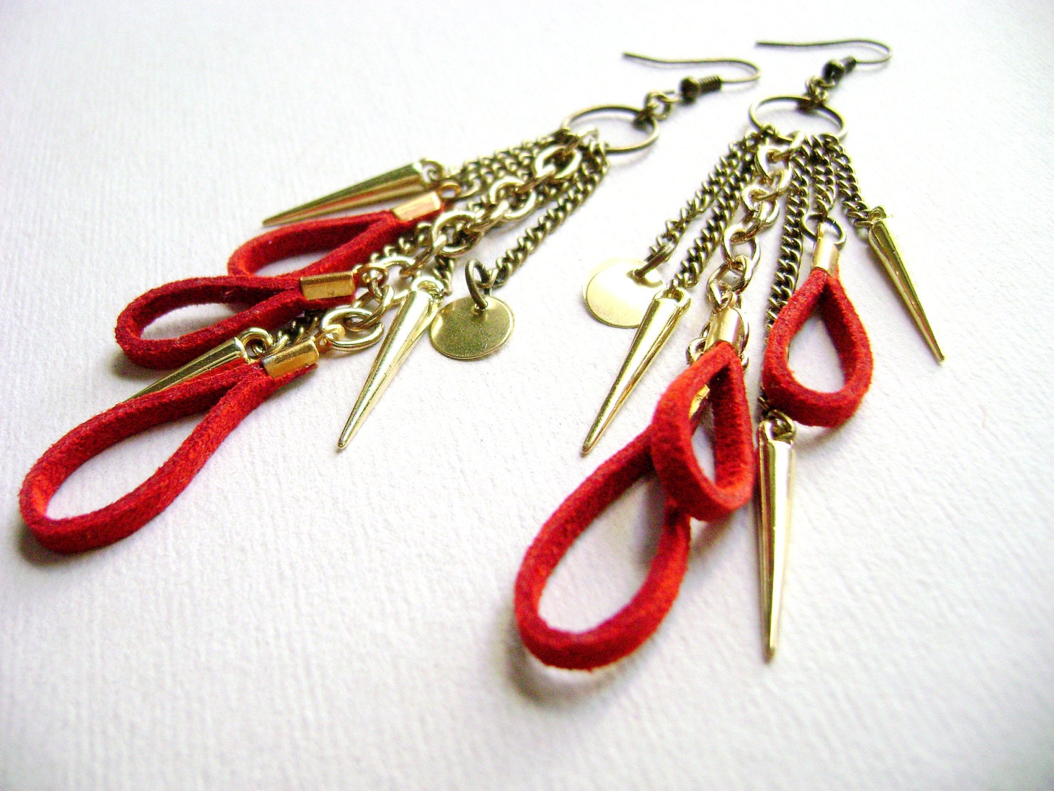 Envy - boho style faux red leather and golden long spike fringe earrings