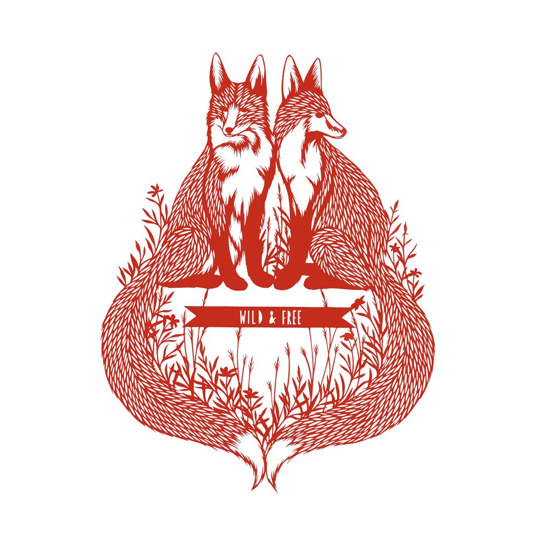 5x7 papercut print . wild & free foxes