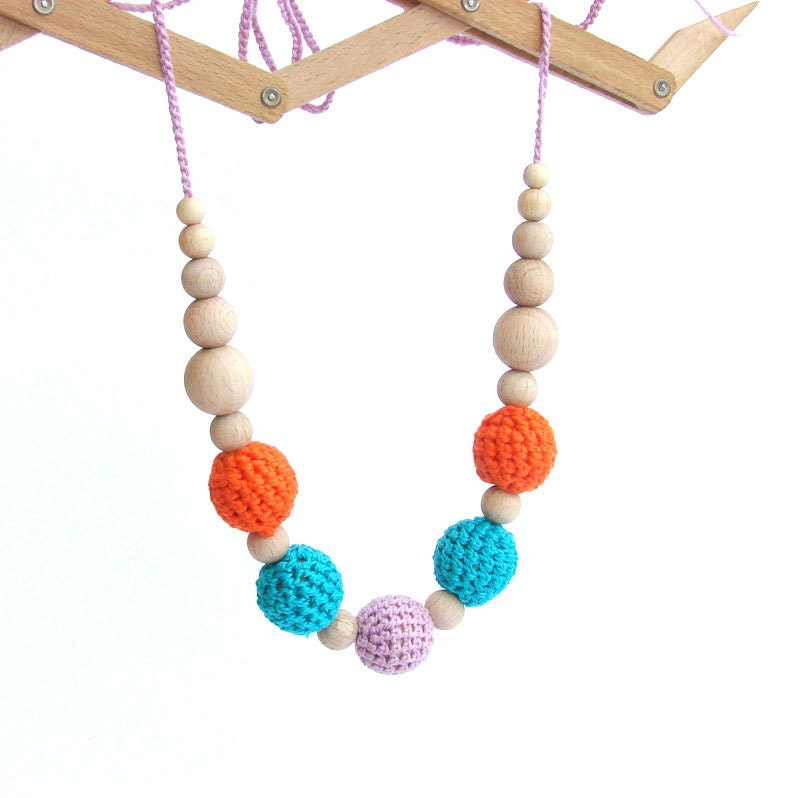 Breastfeeding Crochet necklace for Mother - wooden ring and beads  fashion colors Emerald, orange, african violet spring 2013