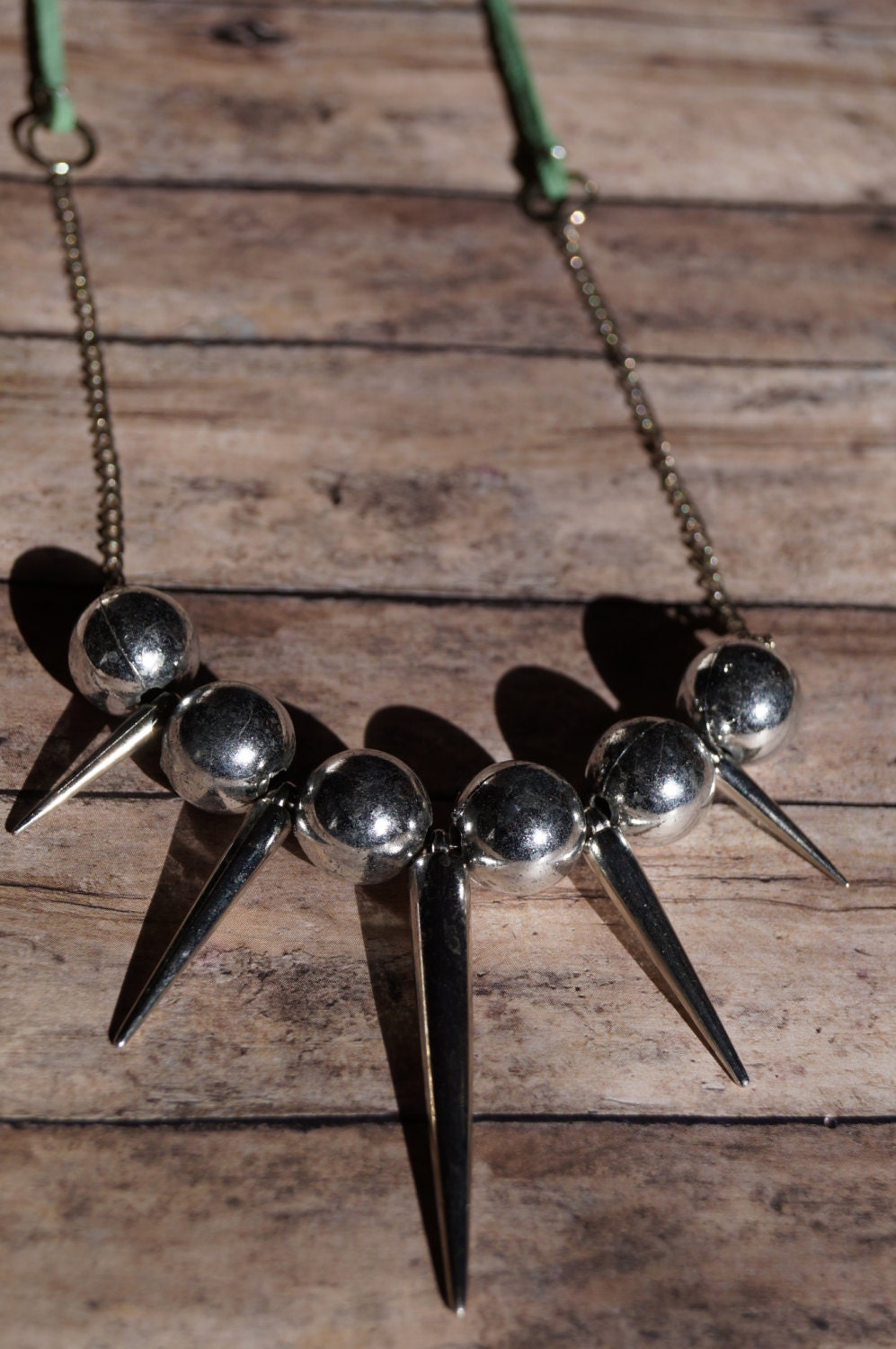 Silver Spike Necklace with Teal or Navy Blue Leather