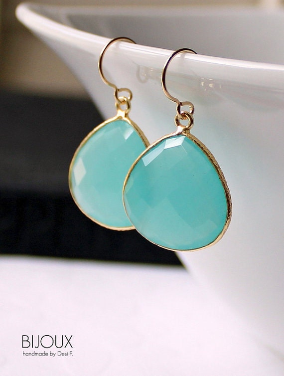 Aqua Blue Chalcedony Earrings - Bezel Set - Celebrity Style.......LIMITED EDITION
