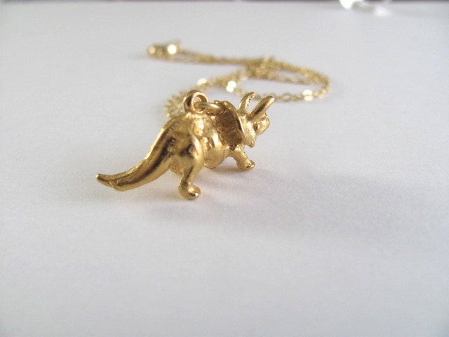 Gold dinosaur charm, 18k gold plated triceratops necklace on 14k gold plate chain