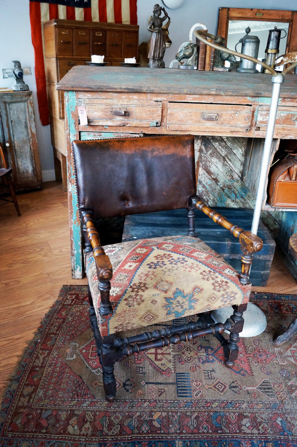 European Oak, leather, kilim armchair