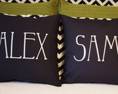 Pair of Name Pillow Covers 16" x 16" Navy Cotton Fabric with White Embroidery