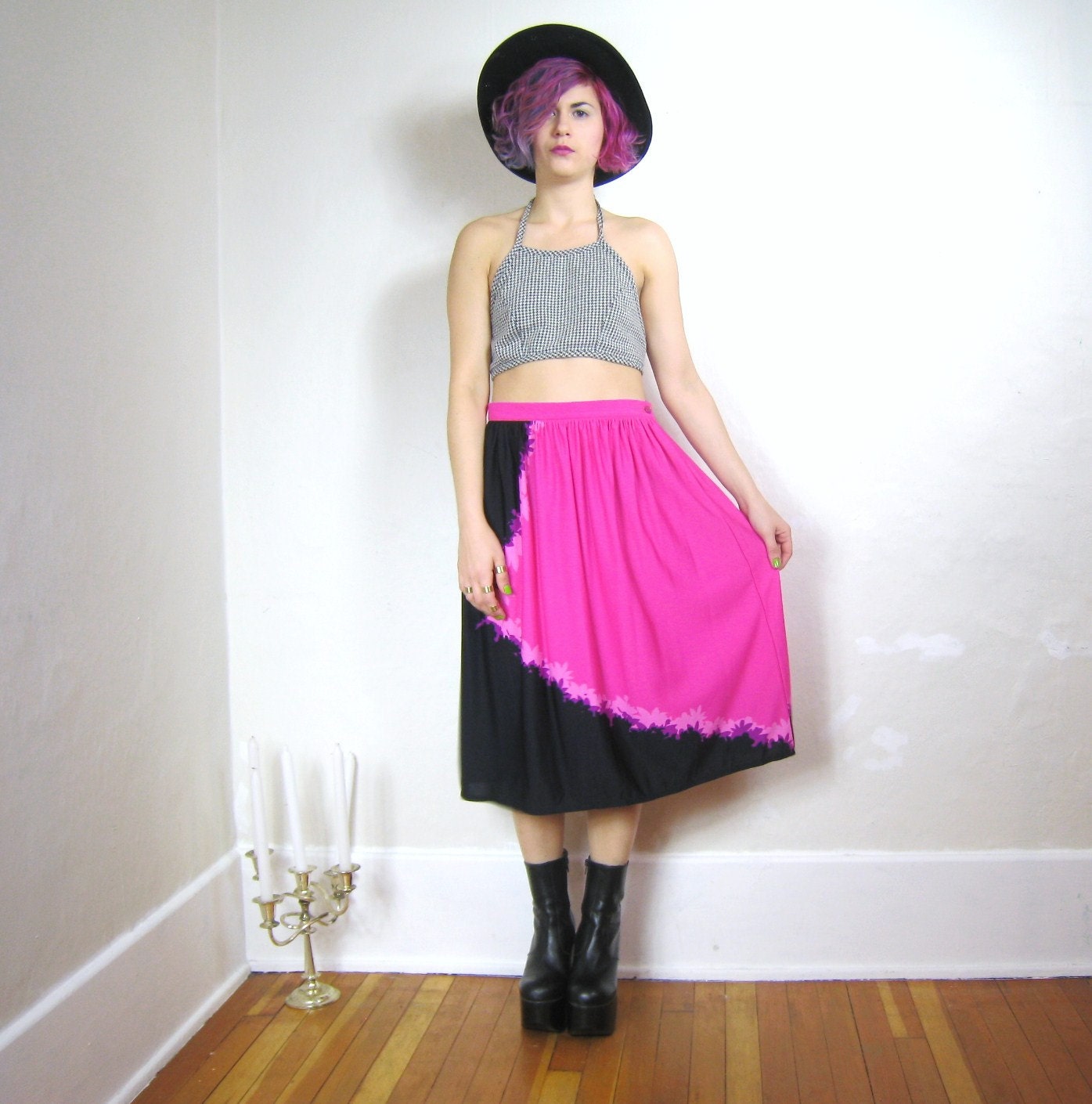 70s Color Block Pink Floral Graphic Print Skirt (S/M)