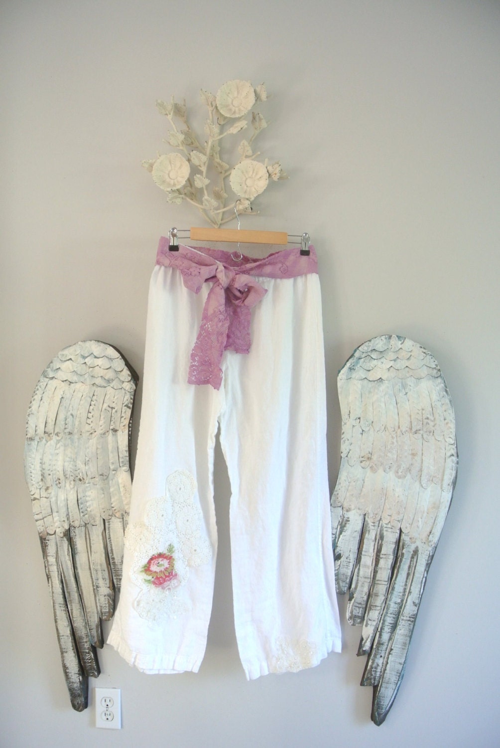 White linen pants, boho, cottage, shabby embellished wide legged pants, romantic clothes, summer, true rebel clothing Large